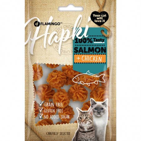 Friandises pour chat en forme de cake, composées de saumon et poulet.