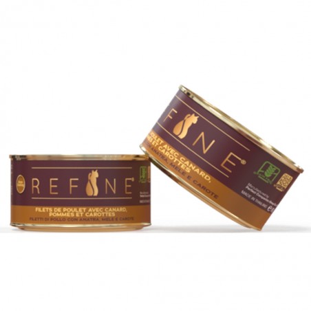 Nourriture humide Refine aux filets de poulet au canard à la pomme et aux carottes pour chats adultes. Nourriture humide Refine aux filets de poulet au canard à la pomme et aux carottes pour chats adultes.