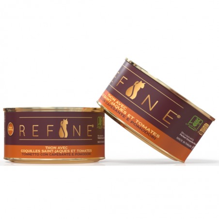 Nourriture humide Refine au thon avec des st jacques et des tomates pour chats adultes. Nourriture humide Refine au thon avec des st jacques et des tomates pour chats adultes.