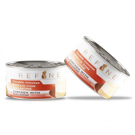 Double mousse au poulet et au saumon pour chat de la marque Refine.