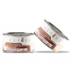 Double mousse au poulet et au foie de boeuf pour chat de la marque Refine.